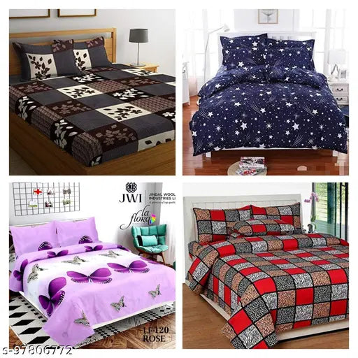 White polycotton superfine flat sheets set (4 x 90x90), includes 8 king-size pillow covers, ideal for AC rooms, Anniversary occasion by SAHAJA TRADERS