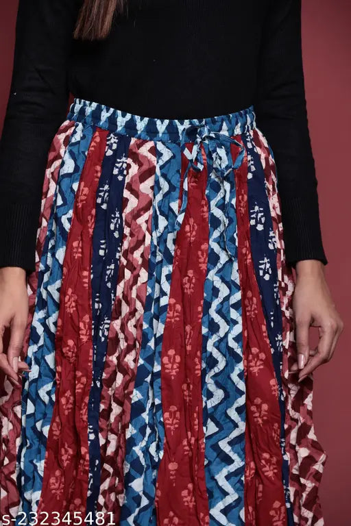 Multi-colored cotton printed skirt for daily use, comfortable and trendy wrap style, Indian ethnic design, size 38/28x39 inches