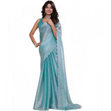 Light blue embellished Jimmy Choo Bollywood saree with unstitched blouse (5.5Mtr) on mannequin