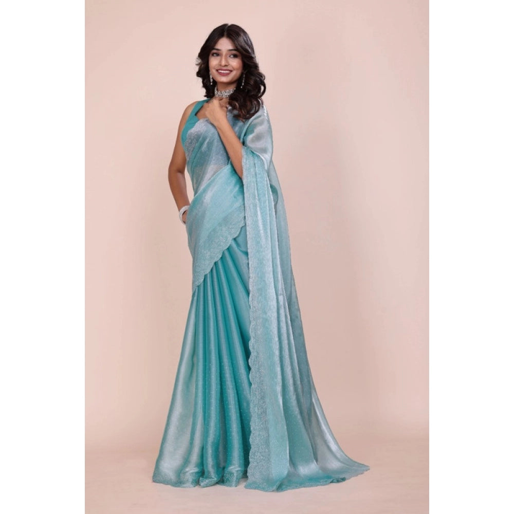 Light blue Jimmy Choo embellished Bollywood saree with unstitched blouse, 5.5mtr on mannequin