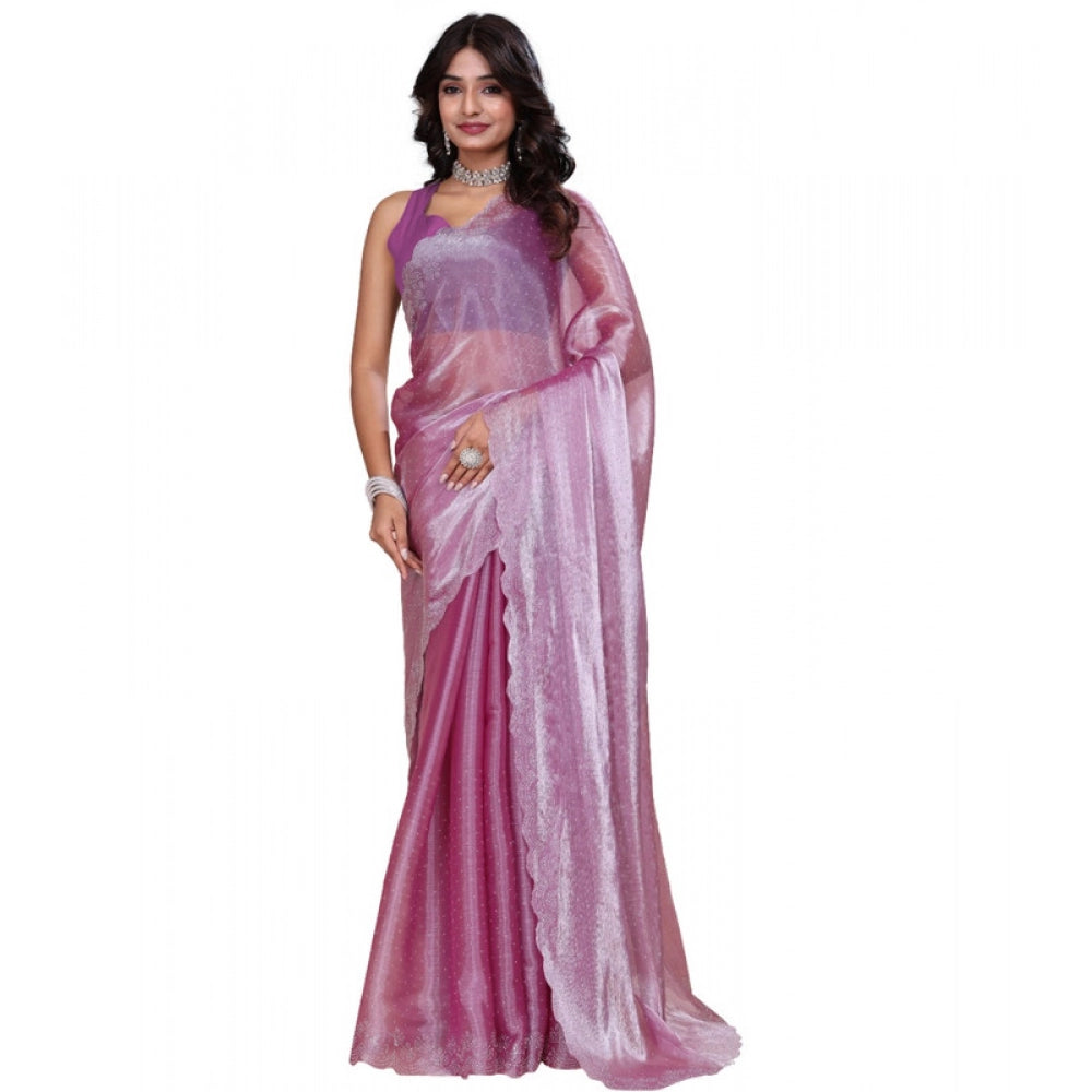 Magenta Jimmy Choo embellished Bollywood saree with unstitched blouse, 5.5Mtr on mannequin