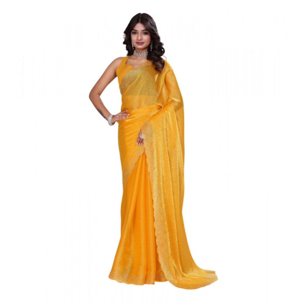Mustard Jimmy choo embellished Bollywood saree with unstitched blouse, 5.5Mtr