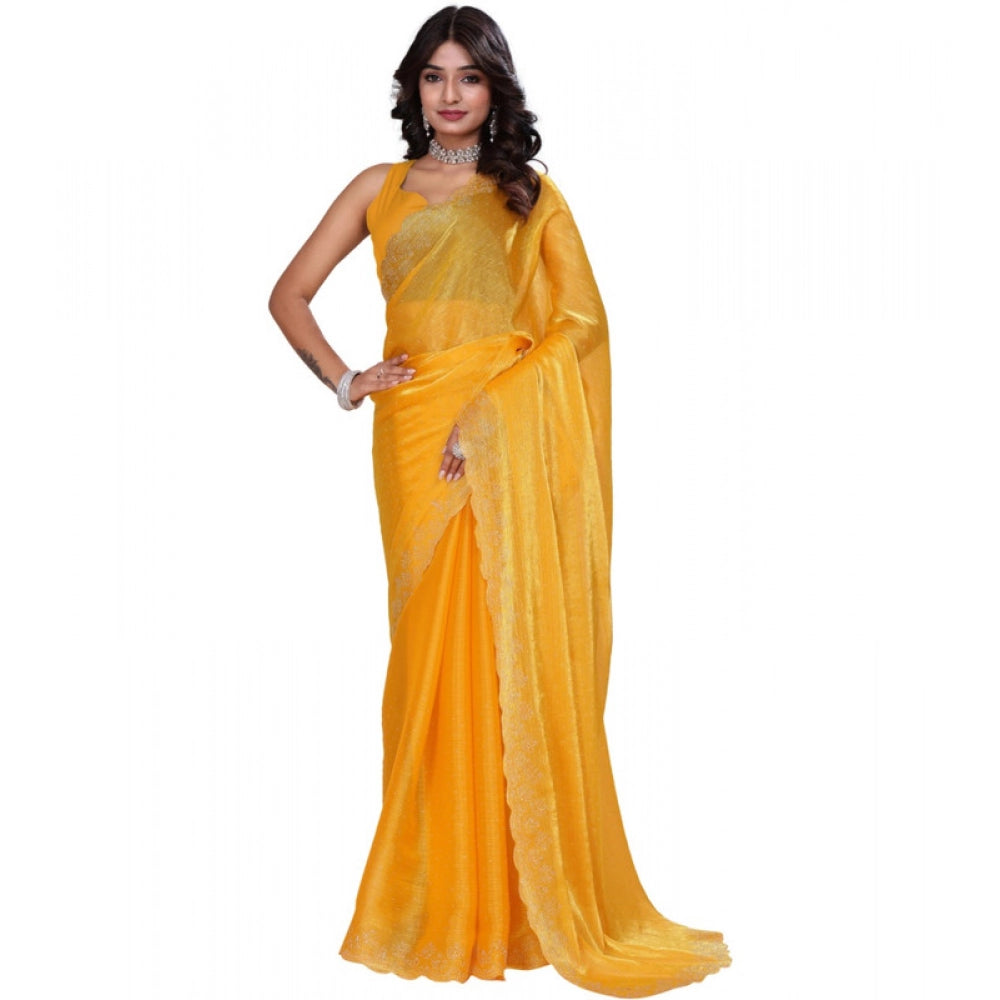 Mustard Jimmy Choo embellished Bollywood saree with unstitched blouse (5.5mtr), fashionable ethnic Indian wear on display