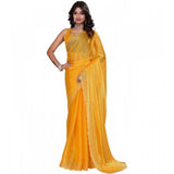 Mustard Jimmy Choo embellished Bollywood saree with unstitched blouse (5.5mtr), fashionable ethnic Indian wear on display