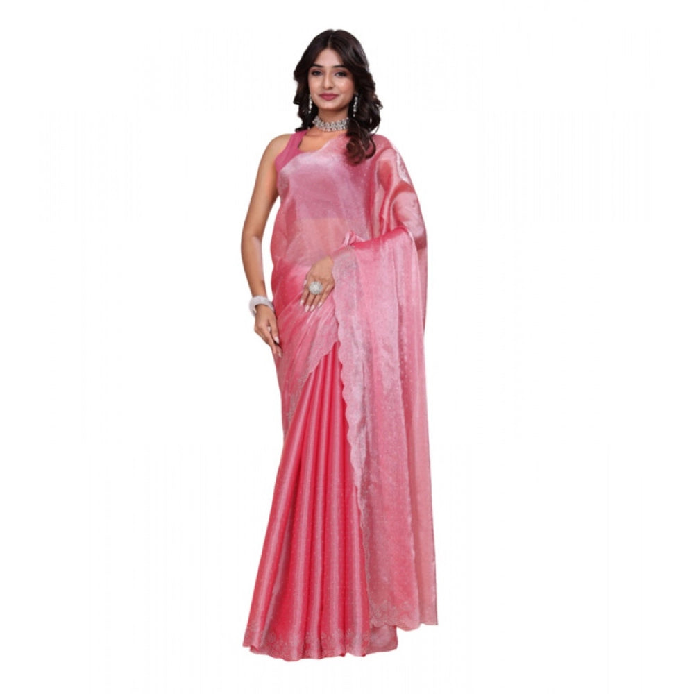 Pink Jimmy Choo embellished Bollywood saree with unstitched blouse (5.5Mtr), luxury Indian fashion accessory on mannequin