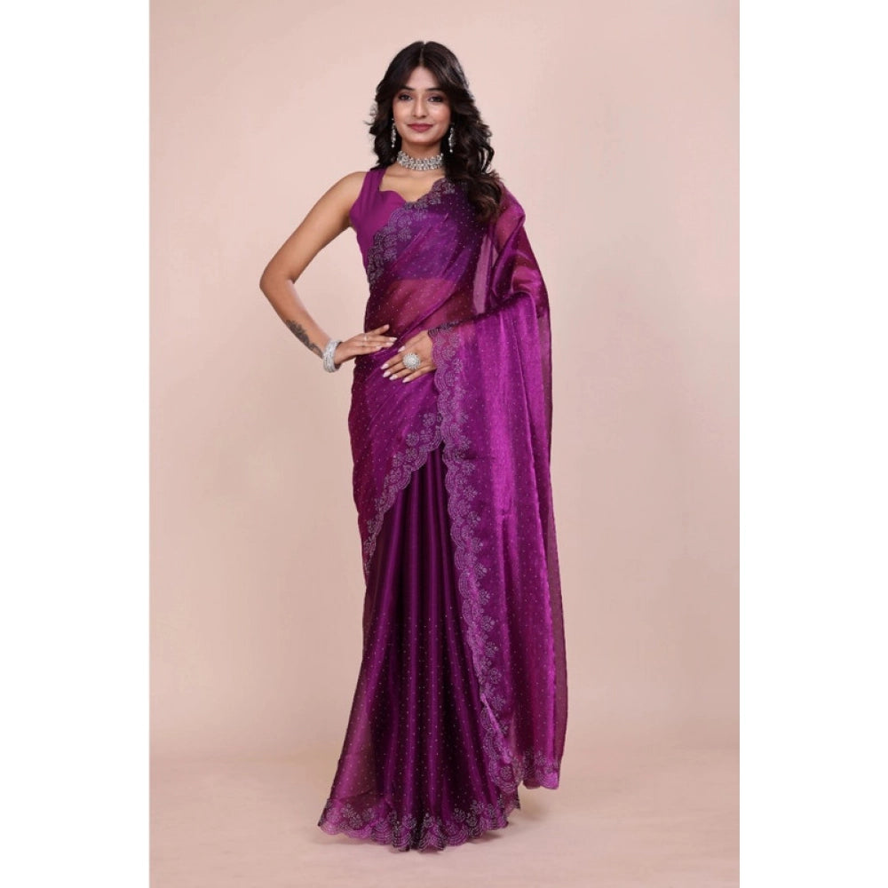 Purple tissue pure silk Bollywood saree with unstitched blouse, embellished design