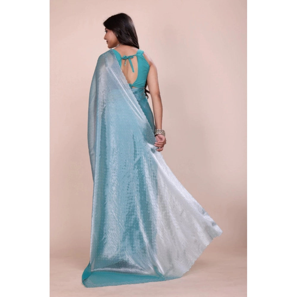 Light Blue Jimmy Choo embellished Bollywood saree with unstitched blouse, 5.5Mtr Indian women's traditional wear on mannequin