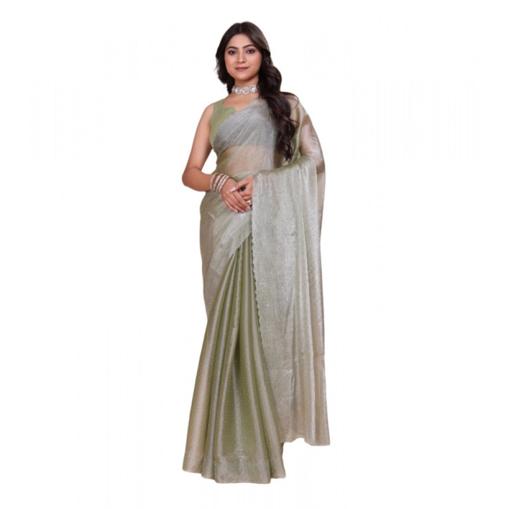 Light green Jimmy choo embellished Bollywood saree with unstitched blouse (5.5Mtr) on fashion mannequin