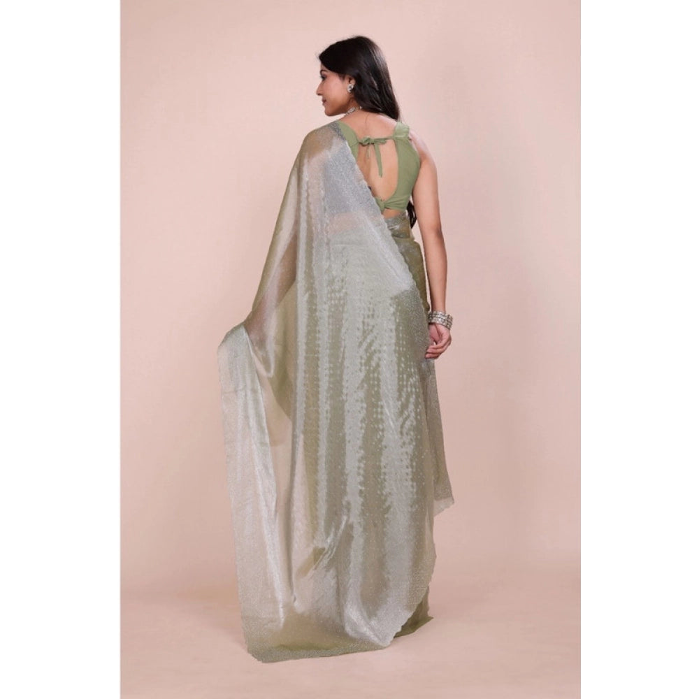 Light green Jimmy choo embellished Bollywood saree with unstitched blouse (5.5Mtr) on model