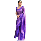 Purple litchi silk printed saree with unstitched blouse for casual occasions