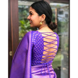 Purple litchi silk printed saree with unstitched blouse for casual events