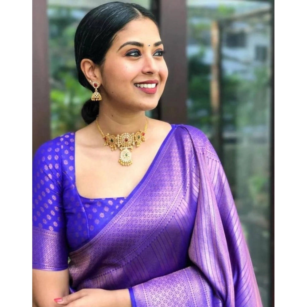 Purple litchi silk printed saree with unstitched blouse for casual occasions