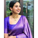 Purple litchi silk printed saree with unstitched blouse for casual occasions