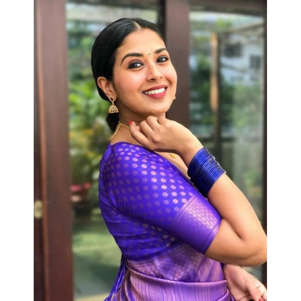 Purple litchi silk printed saree with unstitched blouse for casual events