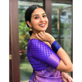 Purple litchi silk printed saree with unstitched blouse for casual events