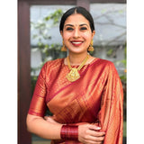 Red litchi silk printed saree with unstitched blouse for casual occasions