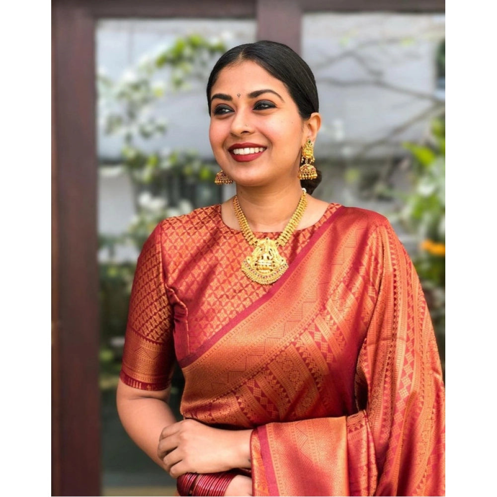 Red litchi silk printed saree with unstitched blouse, casual occasion wear on mannequin