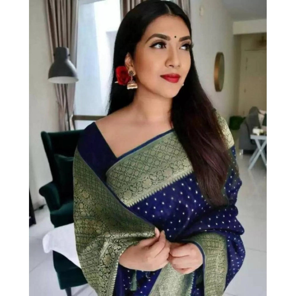 Blue Litchi silk printed saree with unstitched blouse for casual occasions