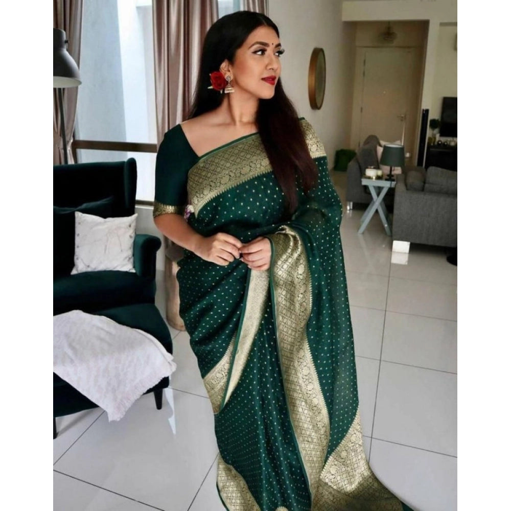 Green litchi silk printed saree with unstitched blouse for casual occasions