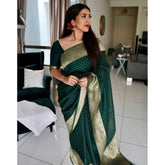 Green litchi silk printed saree with unstitched blouse for casual occasions