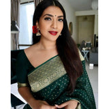 Green litchi silk printed saree with unstitched blouse for casual occasions