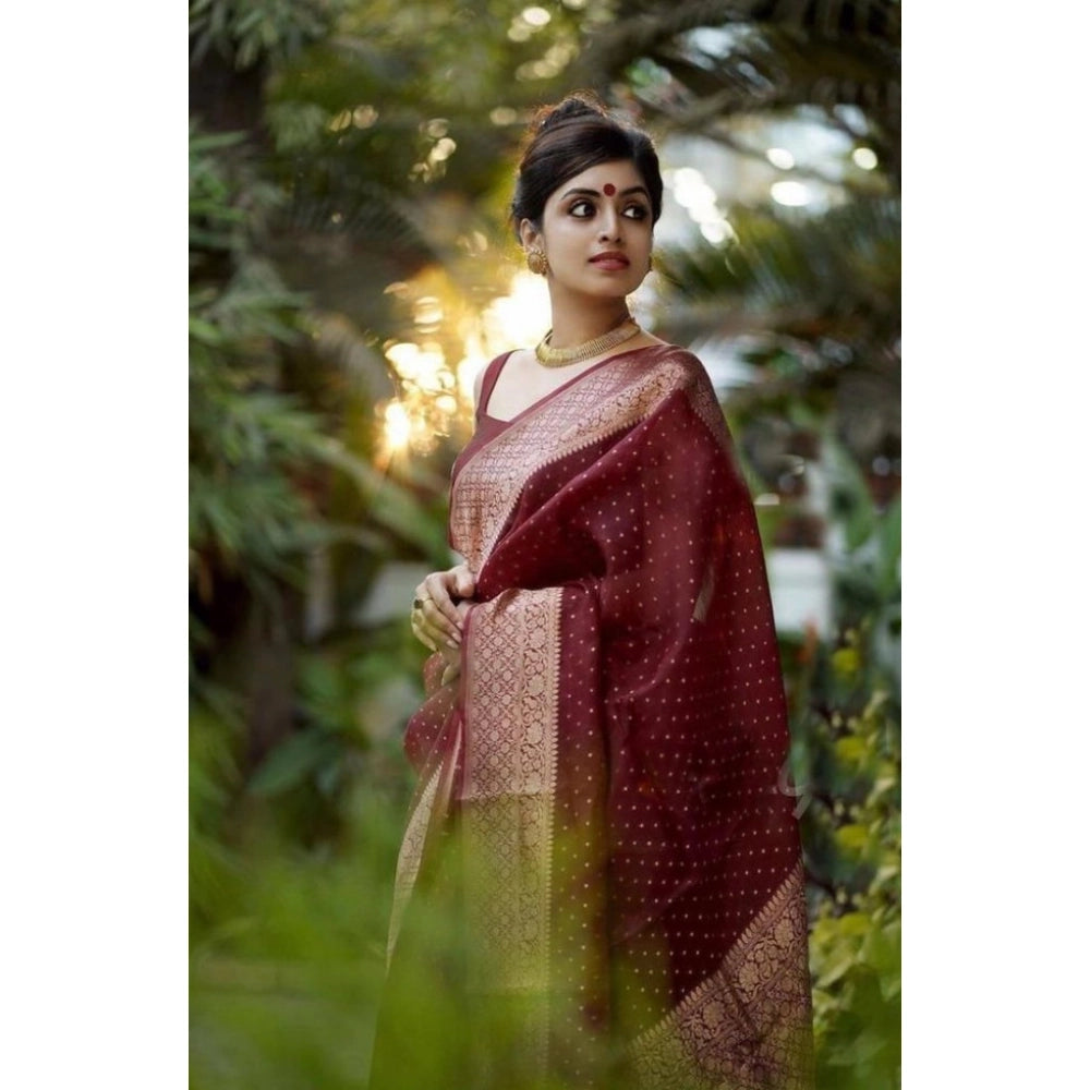 Maroon litchi silk printed saree with unstitched blouse for casual occasions
