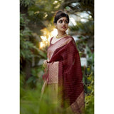 Maroon litchi silk printed saree with unstitched blouse for casual occasions