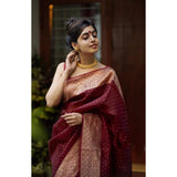 Maroon litchi silk printed saree with unstitched blouse for casual occasions