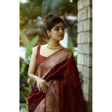 Maroon litchi silk printed saree with unstitched blouse for casual occasions