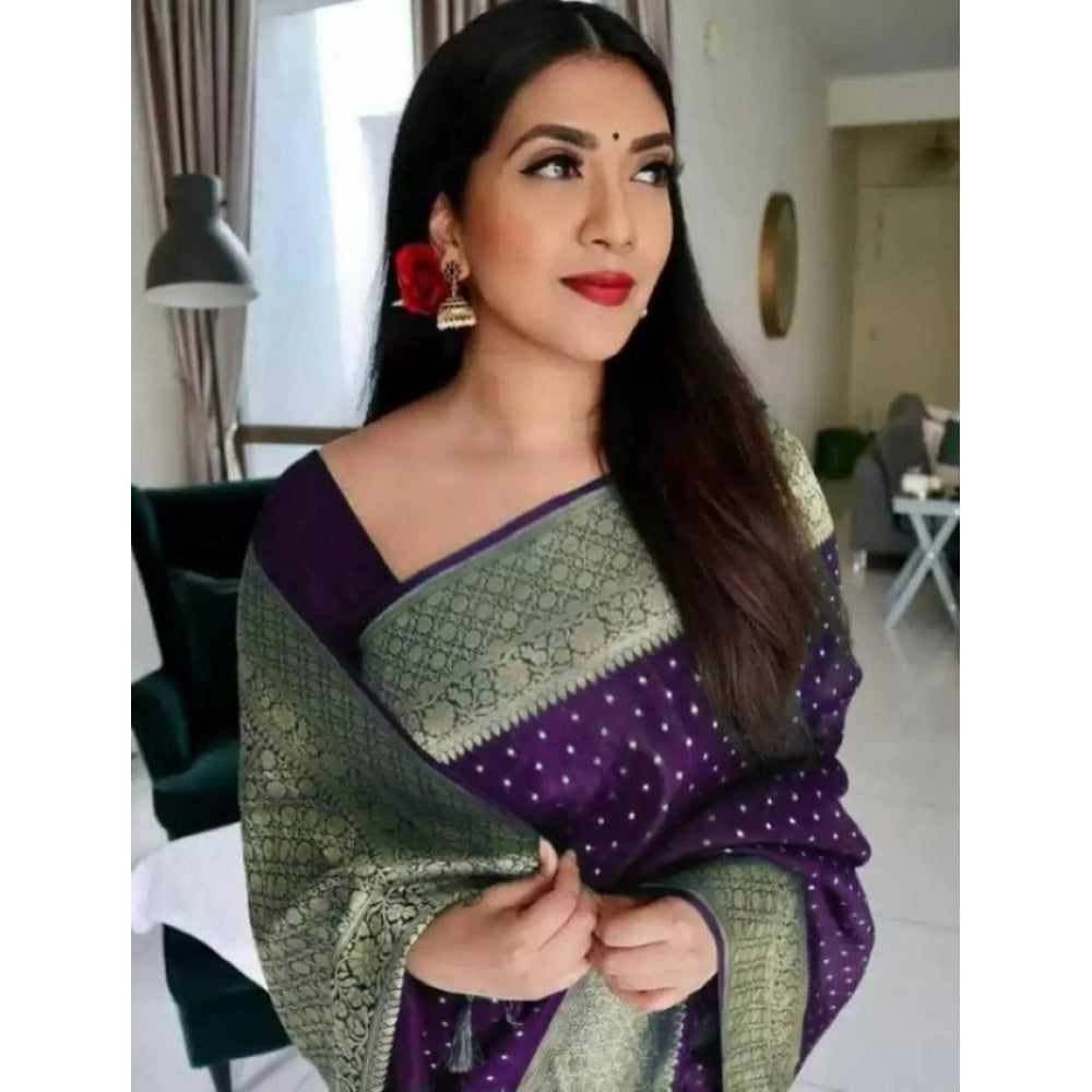 Purple Litchi silk printed saree with unstitched blouse - casual Indian wear