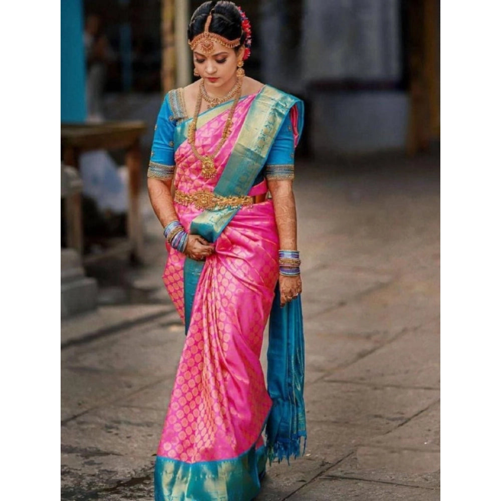 Pink Litchi silk printed saree with unstitched blouse for casual occasions