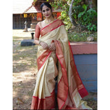 Beige litchi silk printed saree with unstitched blouse - versatile casual wear for women