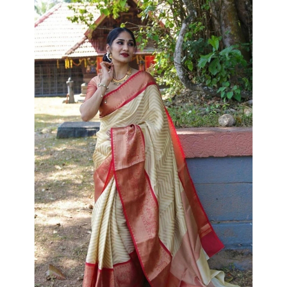 Beige litchi silk printed saree with unstitched blouse for casual occasions