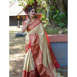 Beige litchi silk printed saree with unstitched blouse for casual occasions