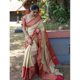 Beige litchi silk printed saree with unstitched blouse for casual occasions