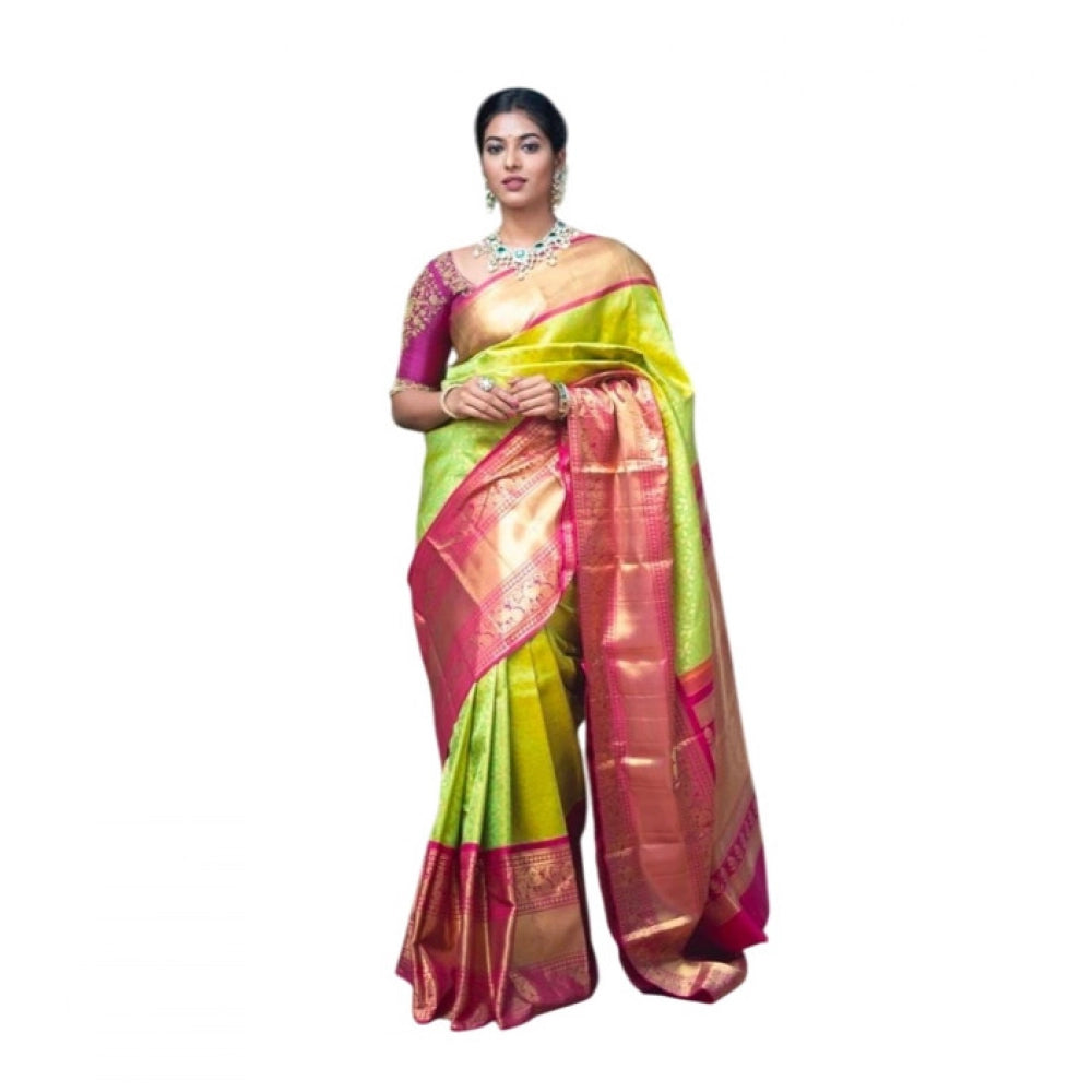 Green litchi silk printed saree with unstitched blouse for casual occasions