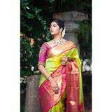 Green litchi silk printed saree with unstitched blouse, casual wear for women