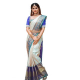 Off-white litchi silk printed saree with unstitched blouse for casual occasions