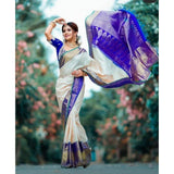 Off white litchi silk printed saree with unstitched blouse, perfect for casual events