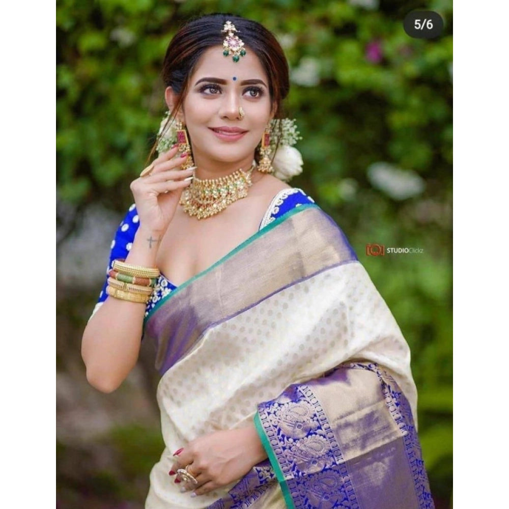 Off-white litchi silk printed saree with unstitched blouse for casual occasions