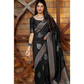 Black litchi silk printed saree with unstitched blouse - casual Indian women's fashion