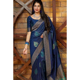 Blue litchi silk printed saree with unstitched blouse for casual occasions