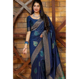 Blue litchi silk printed saree with unstitched blouse for casual occasions