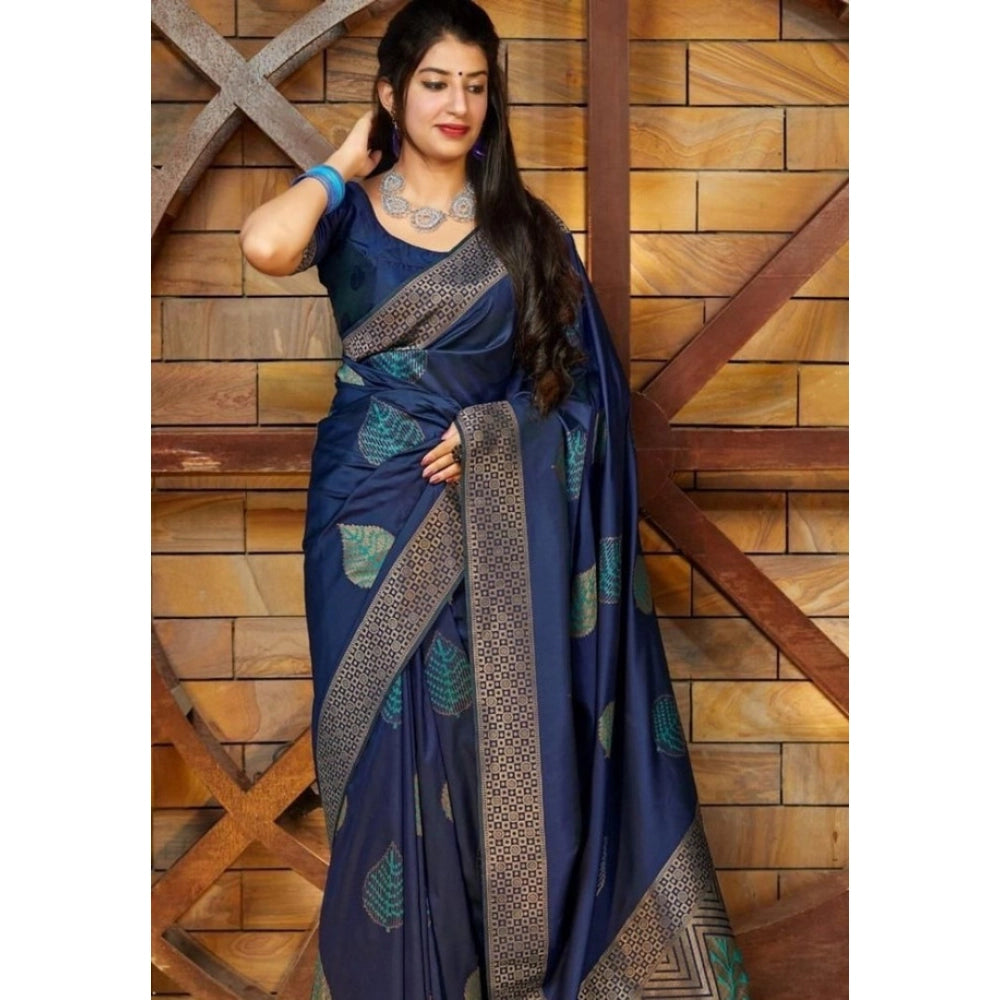 Blue litchi silk printed saree with unstitched blouse for casual occasions