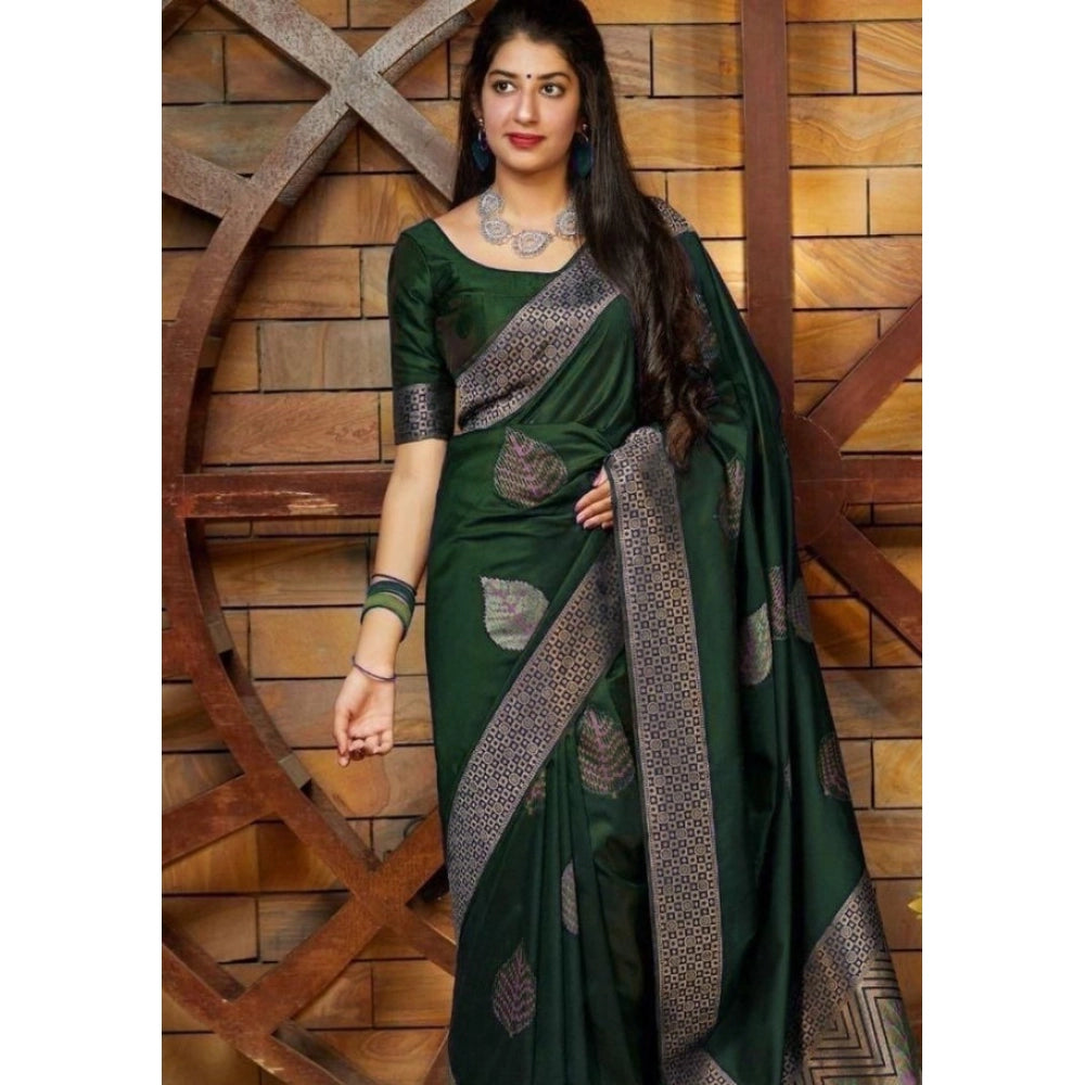 Green litchi silk printed saree with unstitched blouse for casual occasions