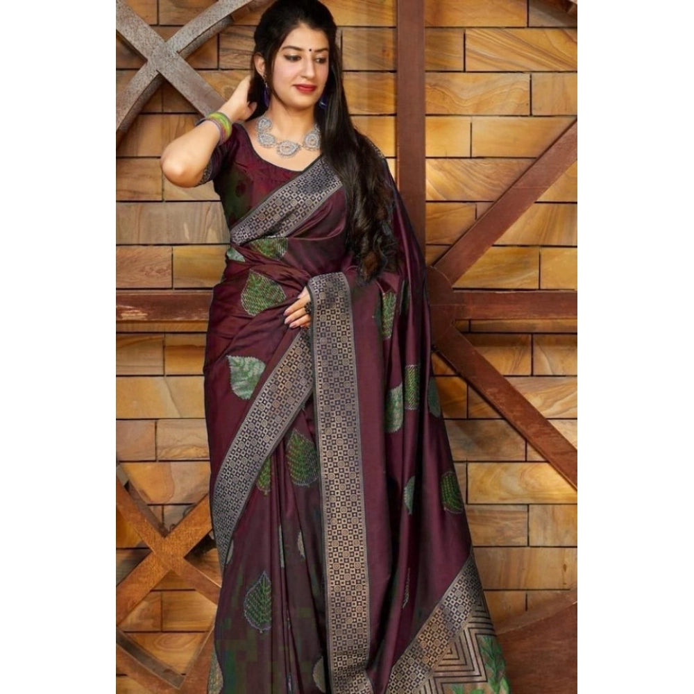 Maroon litchi silk printed saree with unstitched blouse for casual occasions