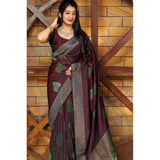 Maroon litchi silk printed saree with unstitched blouse for casual occasions
