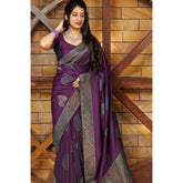 Purple litchi silk printed saree with unstitched blouse for casual occasions