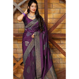 Purple litchi silk printed saree with unstitched blouse for casual occasions