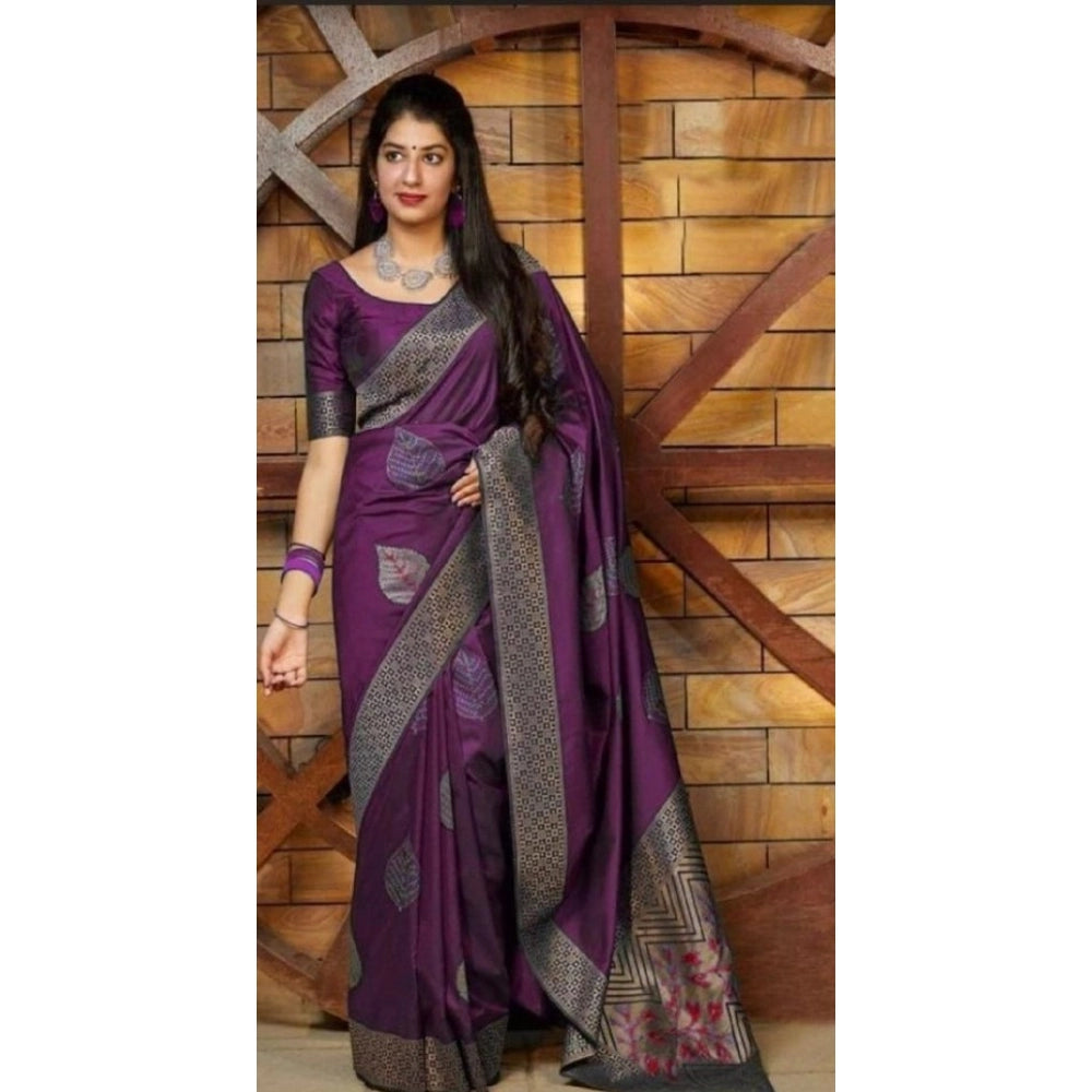Purple litchi silk printed saree with unstitched blouse for casual occasions